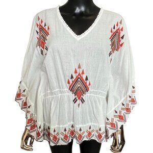 RAGA NWT White Embroidered Boho Blouse Small Peasant Poncho Sleeve Top